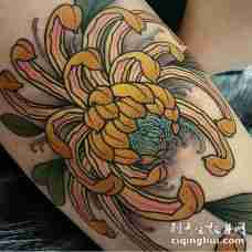 new school美丽的彩色菊花手臂纹身图案