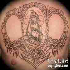 胸部航海艺术帆船花朵纹身图案