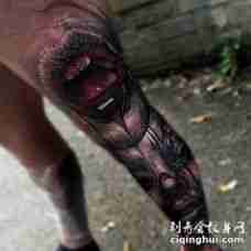 腿部恐怖风格彩色3D血腥怪物纹身图案