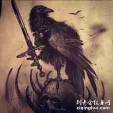欧美乌鸦剑骷髅纹身图案手稿