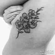 美女肋骨处黑灰色的兰花纹身图案