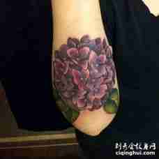 手臂外侧暗红色绣球花和叶子纹身图案