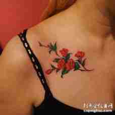 欧美女人锁骨处鲜艳的五朵茶花纹身图案