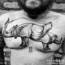 胸部两头黑白犀牛创意纹身图片