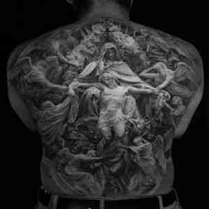 满背传统黑灰风耶稣人物纹身图案
