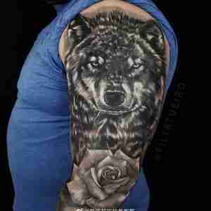 大臂黑灰写实霸气玫瑰狼纹身图案