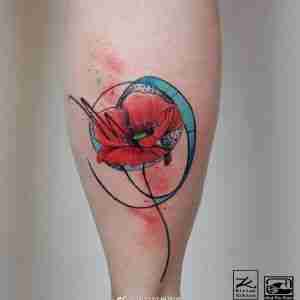 小腿水彩几何风罂粟花纹身图案