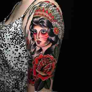 大臂oldschool印第安美女玫瑰纹身图案