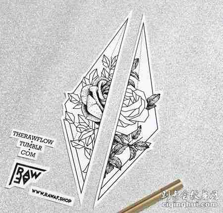 双边三角形玫瑰花纹身手稿