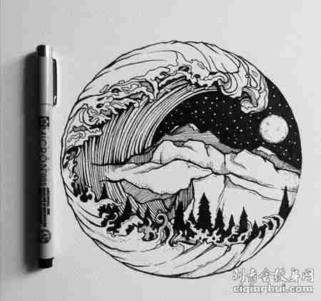 圆形海浪颠覆山脉纹身手稿