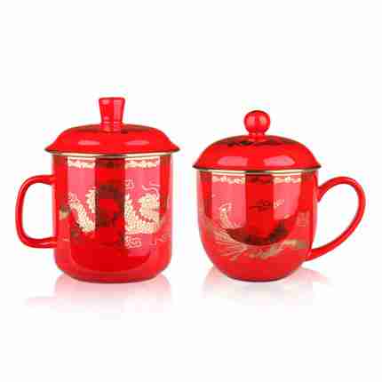 千红窑陶瓷杯子水杯带盖中国红瓷情侣杯对杯套装实用创意结婚礼物