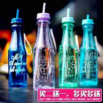韩版时尚双盖吸管随手杯 夏天汽水瓶学生便携防漏水杯 创意塑料杯